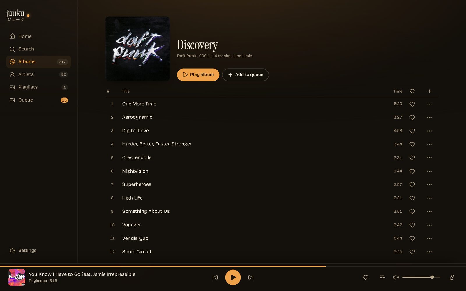 An album page: cover art, album facts, Play album and Add to queue buttons, then the track list.