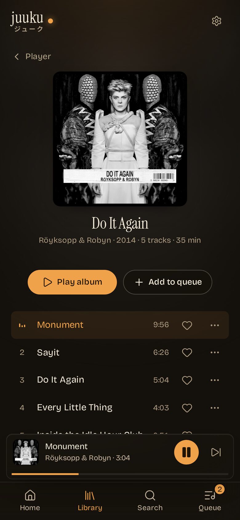 An album page on a phone: cover, album facts, and the track list with the playing song marked.