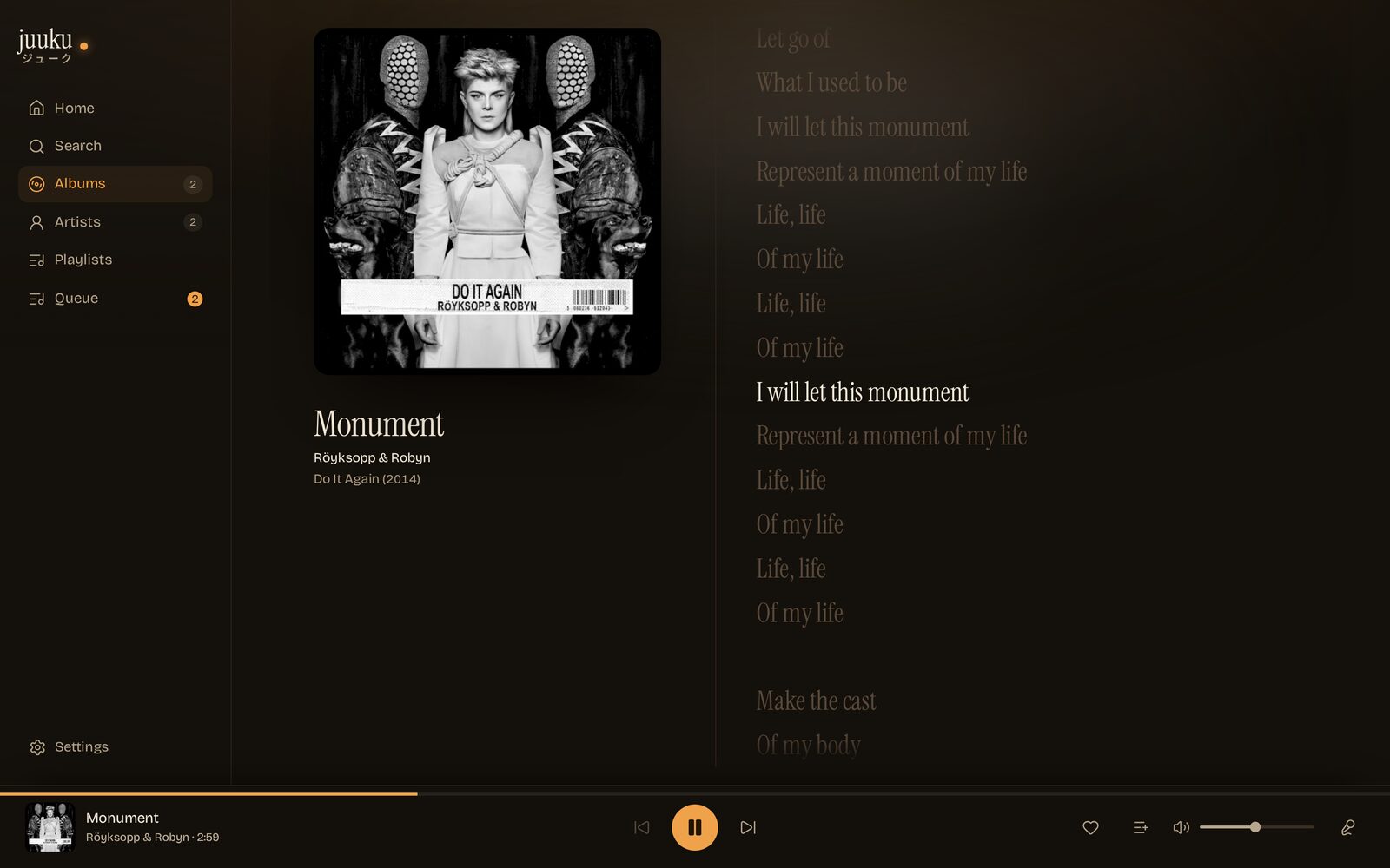 Now playing on a wide screen: cover beside the synced lyrics, with the singing line lit.